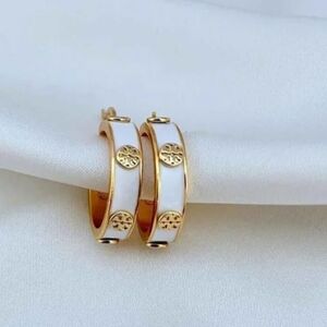 Tory Burch Gold and White Enamel Hoop Earrings